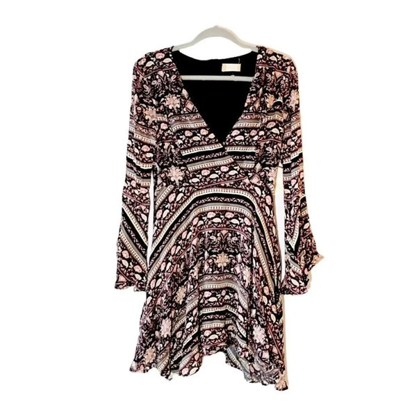Altar’d State Long Sleeve Black Cream Pink Floral Swing Dress New Size Medium M - Picture 1 of 9
